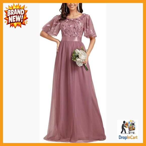 Sequin Formal Prom Dress Ruffle Sleeves Empire Waist A-Line Elegant Evening Wear